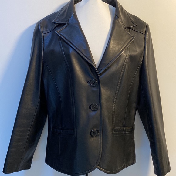 CANADIAN Leather Jacket Black Tailored EUC Sz 14 Large Leonardos Blazer Buttons - Picture 4 of 16